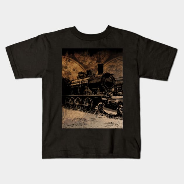 World Steam Travel - Steam Train and World Map Kids T-Shirt by Highseller